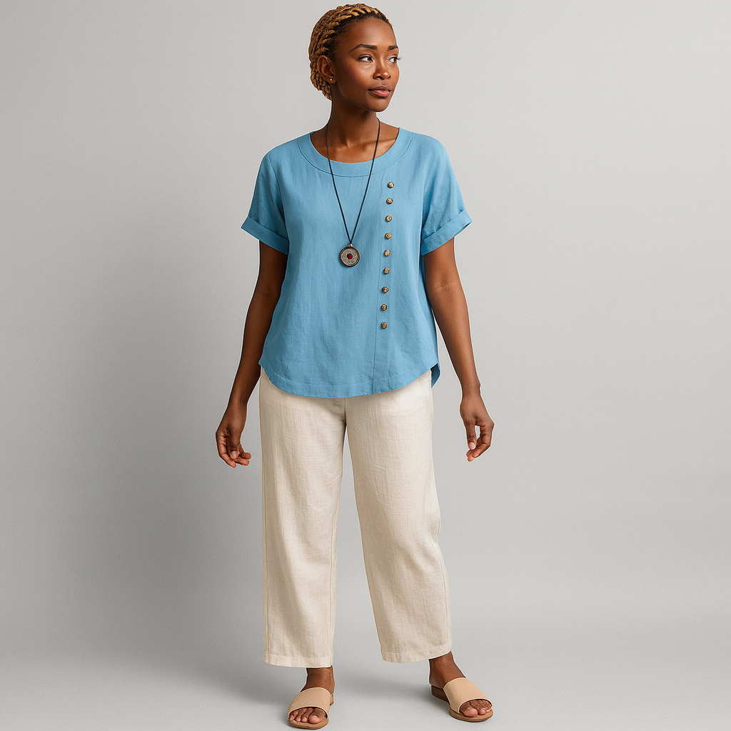 Women Buttoned Short Sleeve Blouse | Curved Hem