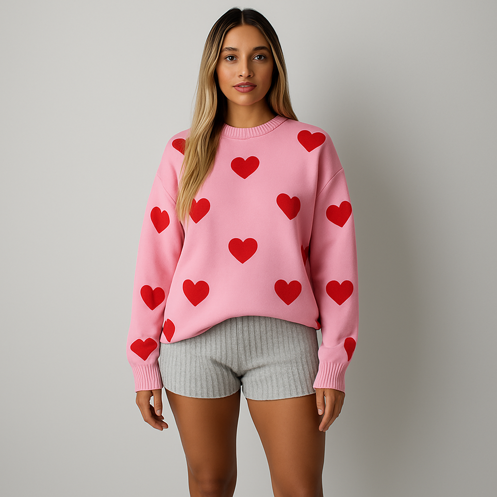 Women Heart Pattern Sweater | Slouch Shoulder Cut