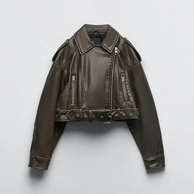 Women Cropped Biker Jacket | Belted Zip Design