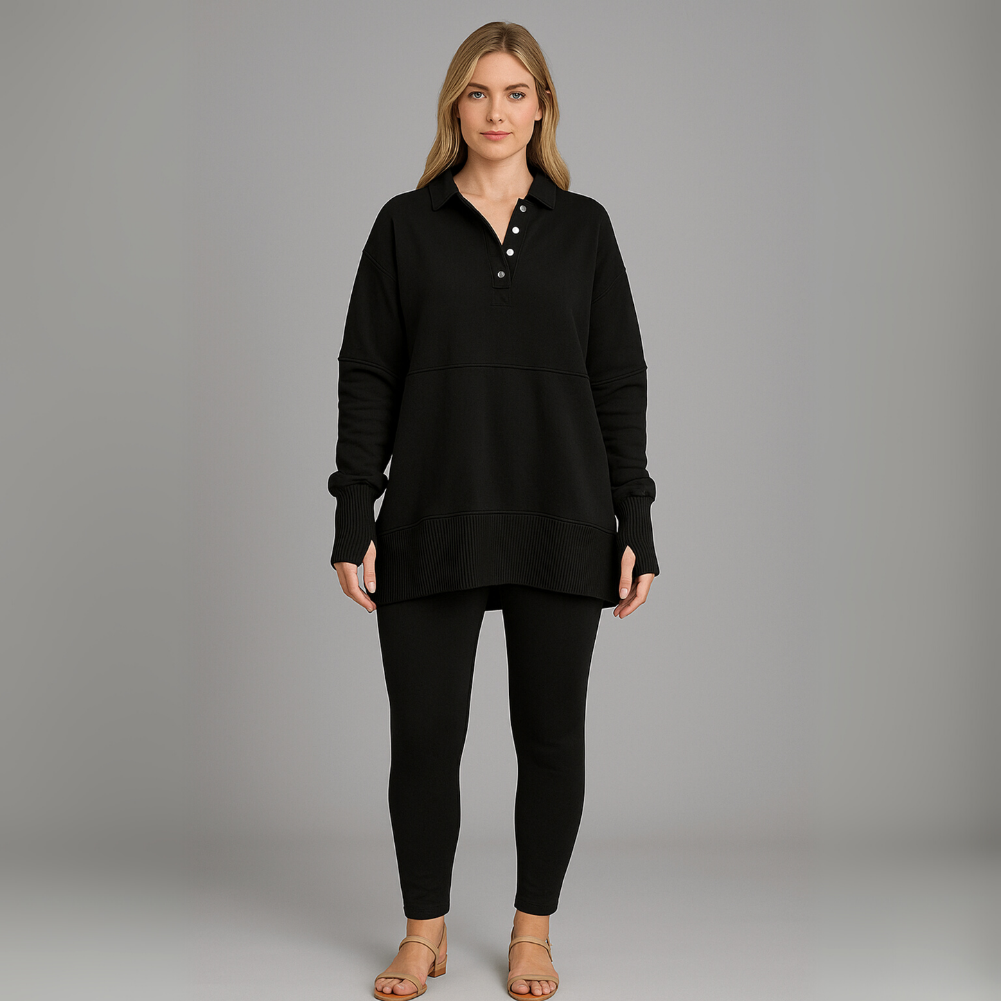 Women Button Neck Hoodie | Long Sleeve