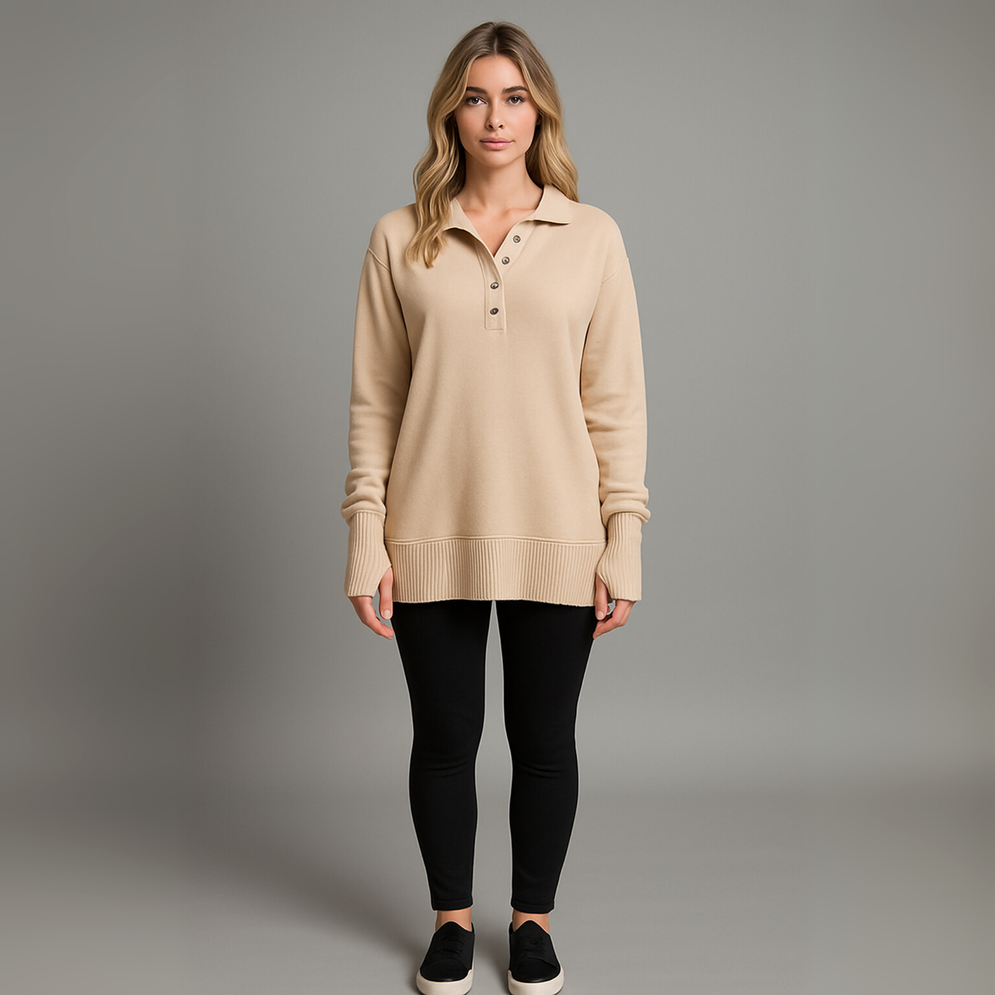 Women Button Neck Hoodie | Long Sleeve