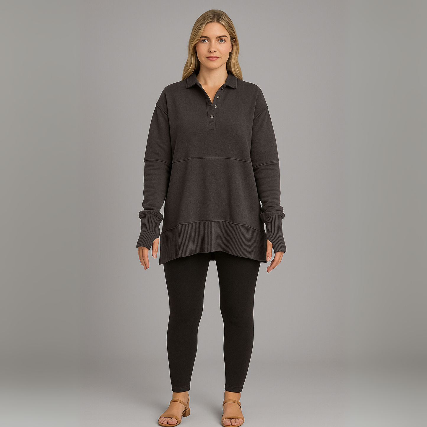 Women Button Neck Hoodie | Long Sleeve