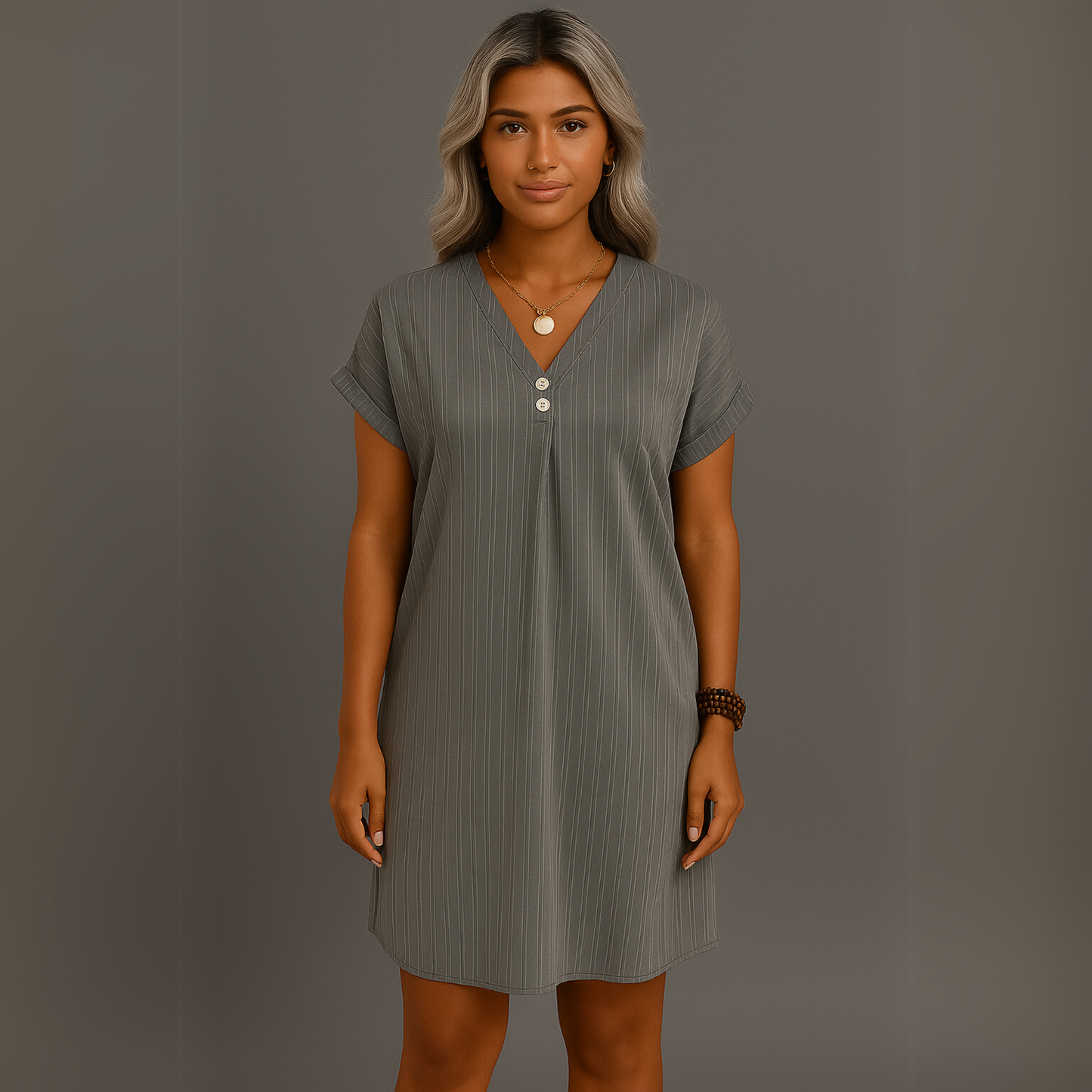 Women Loose Fit Mini Dress | V Neck
