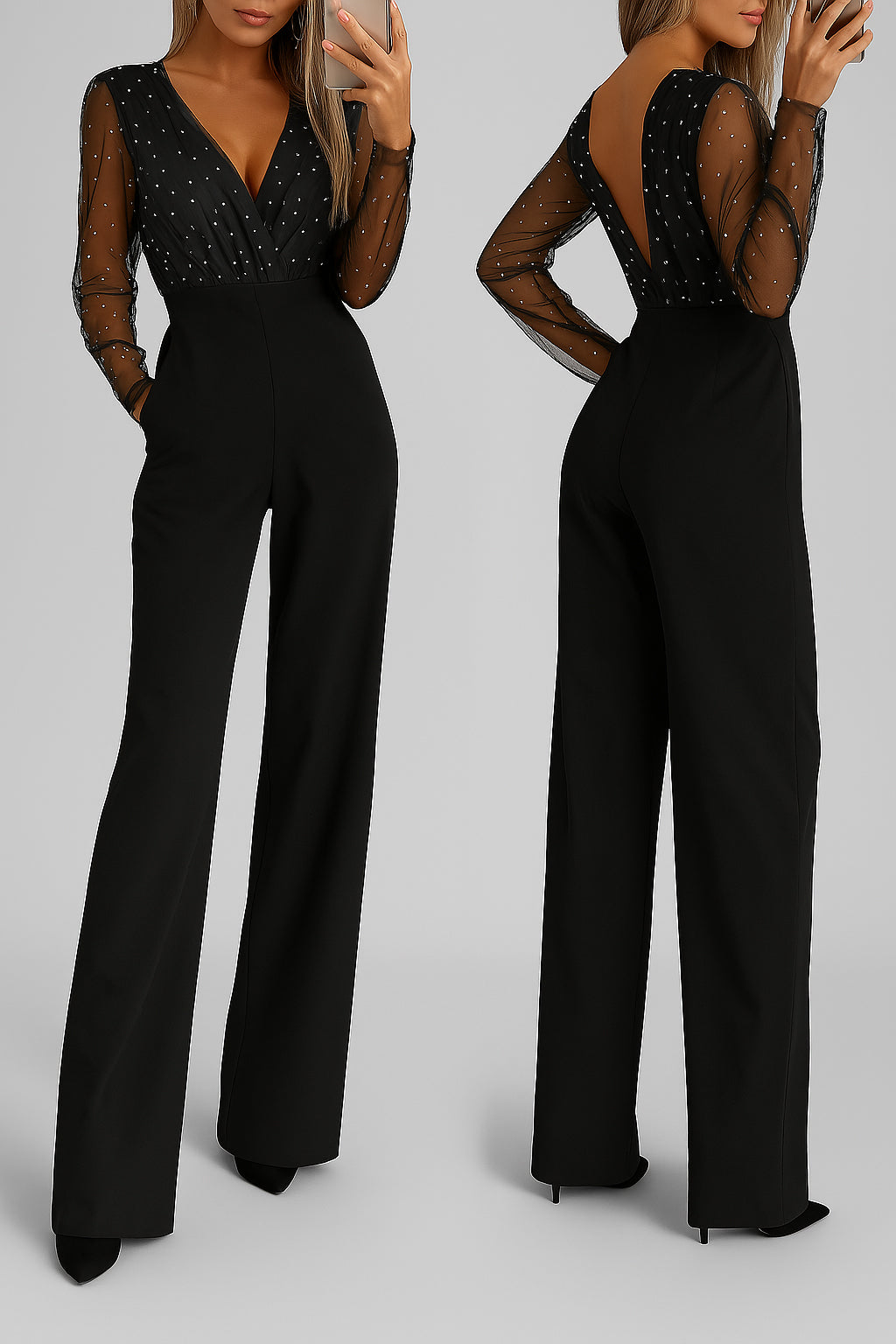 Ladies Backless Jumpsuit | Sheer Sleeve Detail