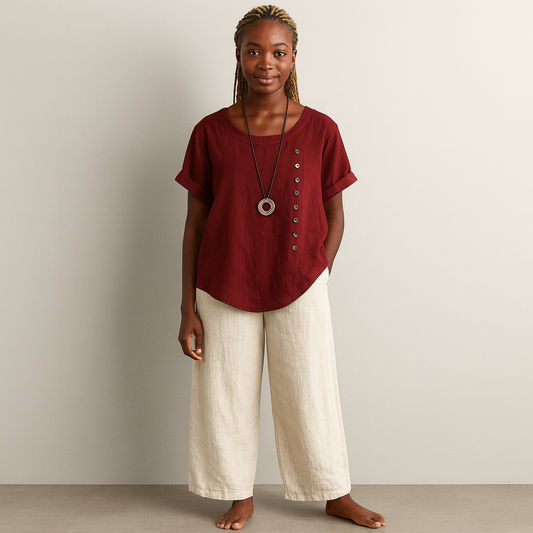 Women Buttoned Short Sleeve Blouse | Curved Hem