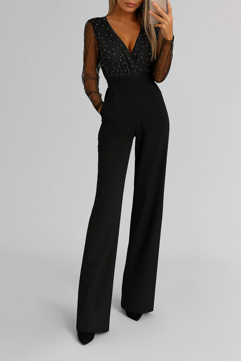 Ladies Backless Jumpsuit | Sheer Sleeve Detail