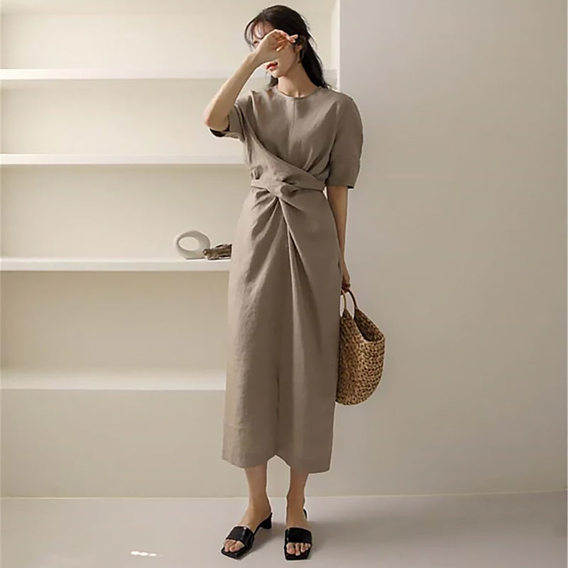 Ladies Short Sleeve Waist Dress | Back Pleat Belted