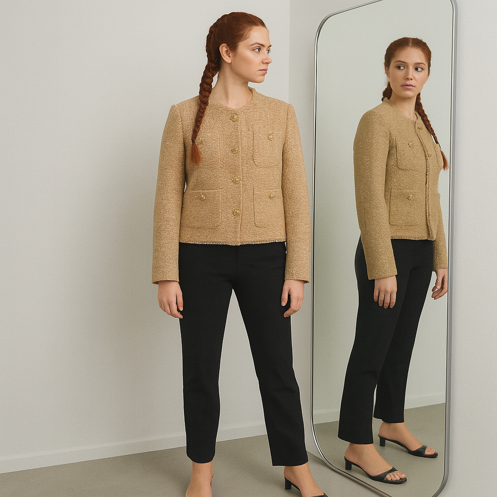 Ladies Short Tweed Blazer | Structured Round Neck