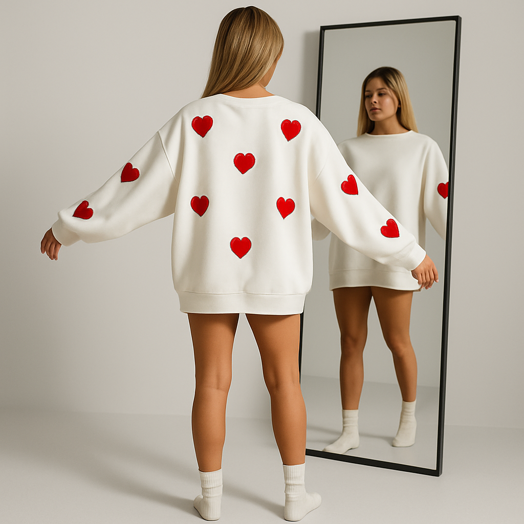 Women Heart Pattern Sweater | Slouch Shoulder Cut