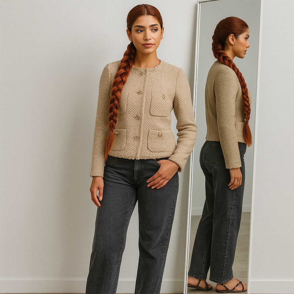 Ladies Short Tweed Blazer | Structured Round Neck