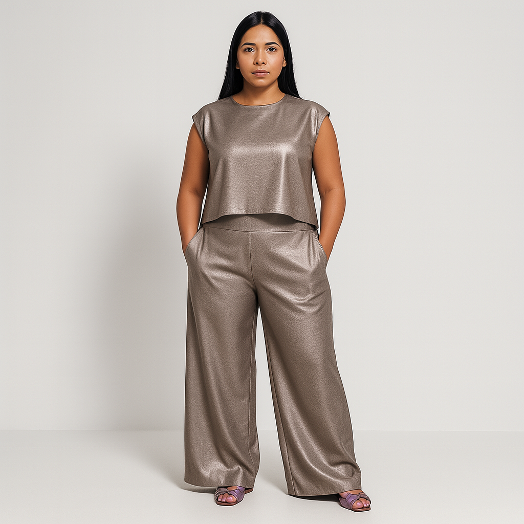 Ladies Glossy Wide-Leg Set | Elegant Silhouette