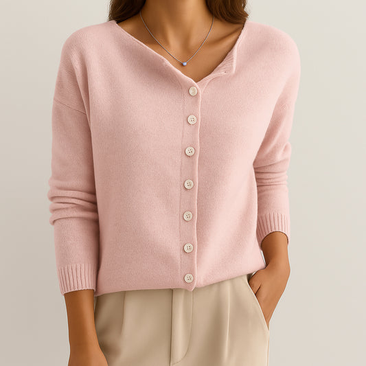 Ladies Asymmetric Knit Sweater | Pearl Button Detail