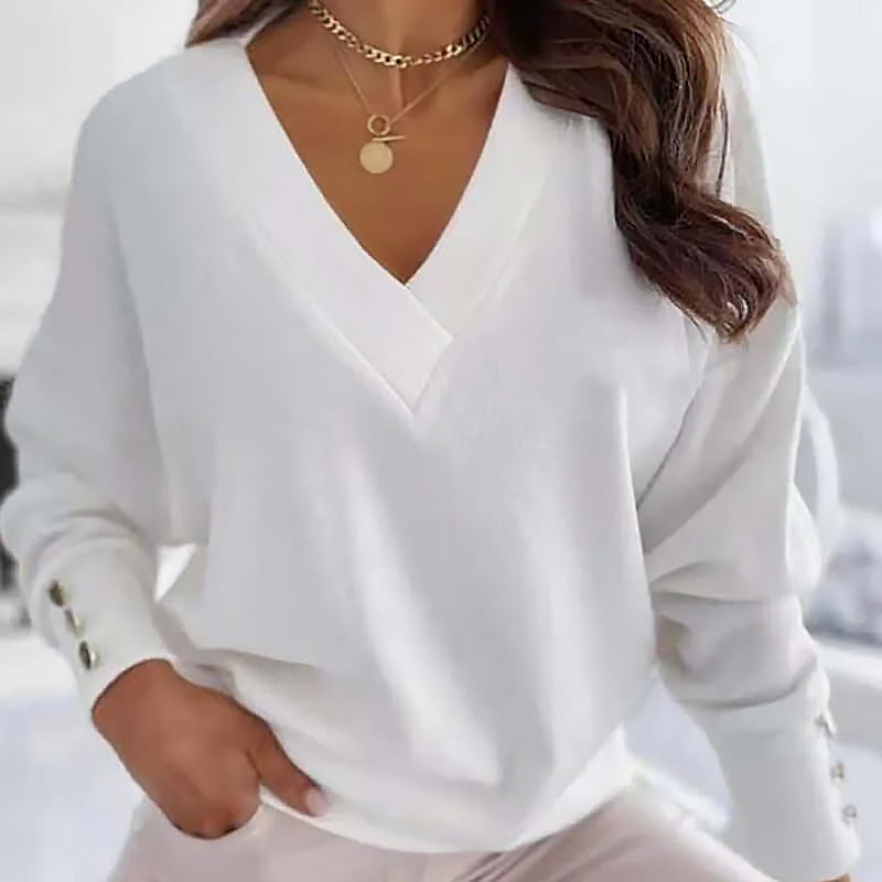 Ladies Loose V-Neck Sweater | Button Detail Sleeves