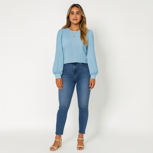 Ladies Textured Long Sleeve Blouse | Pleated Crew Neck