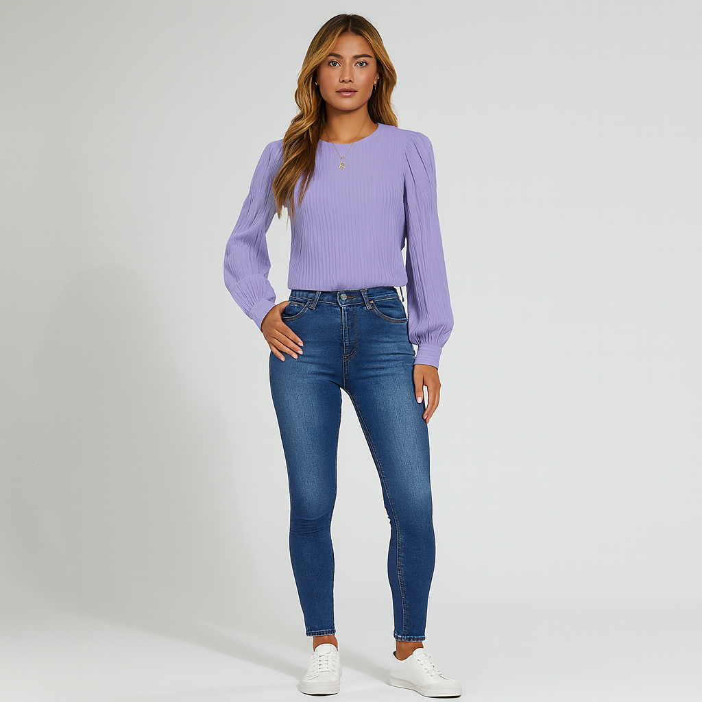 Ladies Textured Long Sleeve Blouse | Pleated Crew Neck