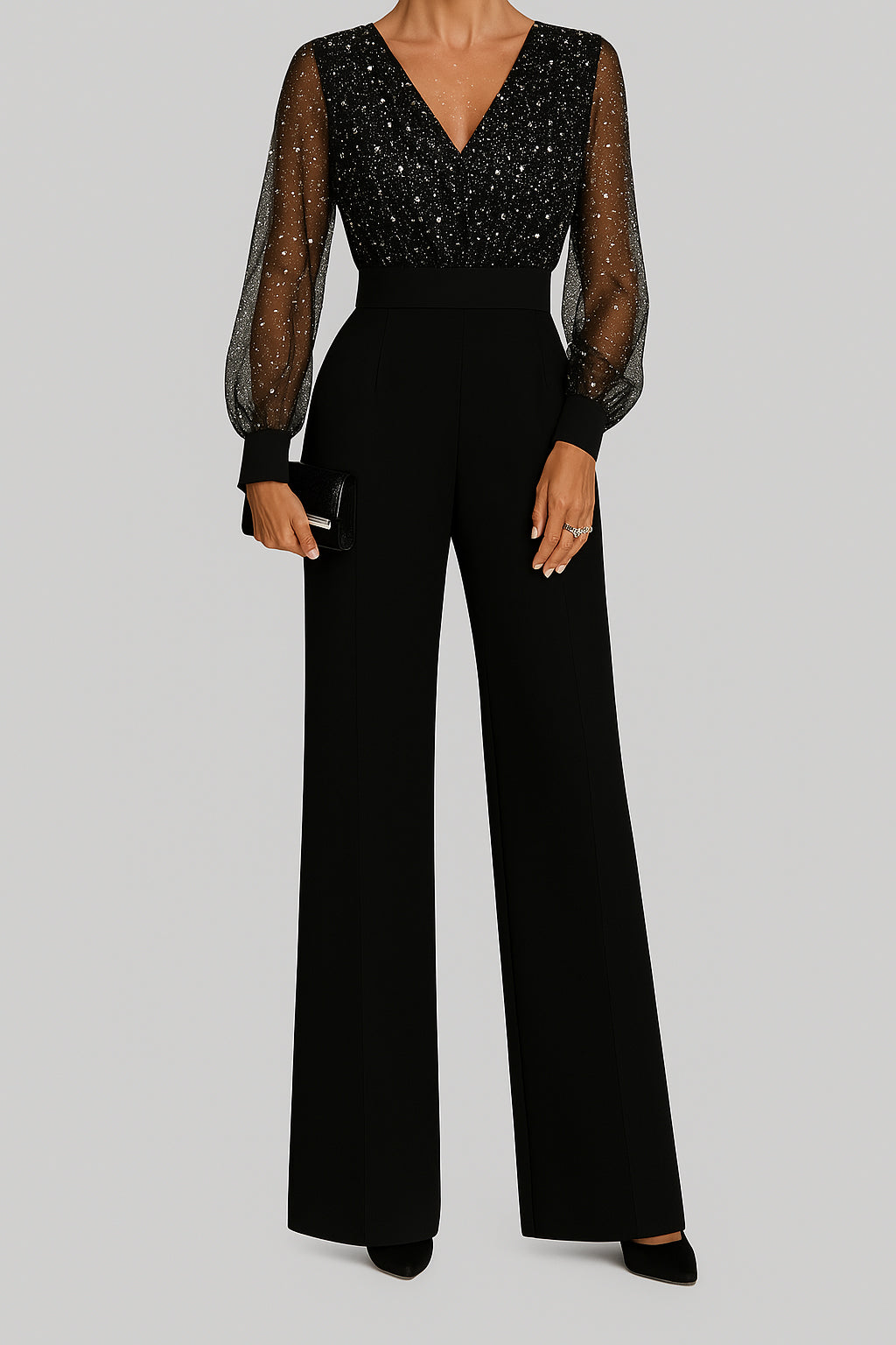 Ladies Backless Jumpsuit | Sheer Sleeve Detail