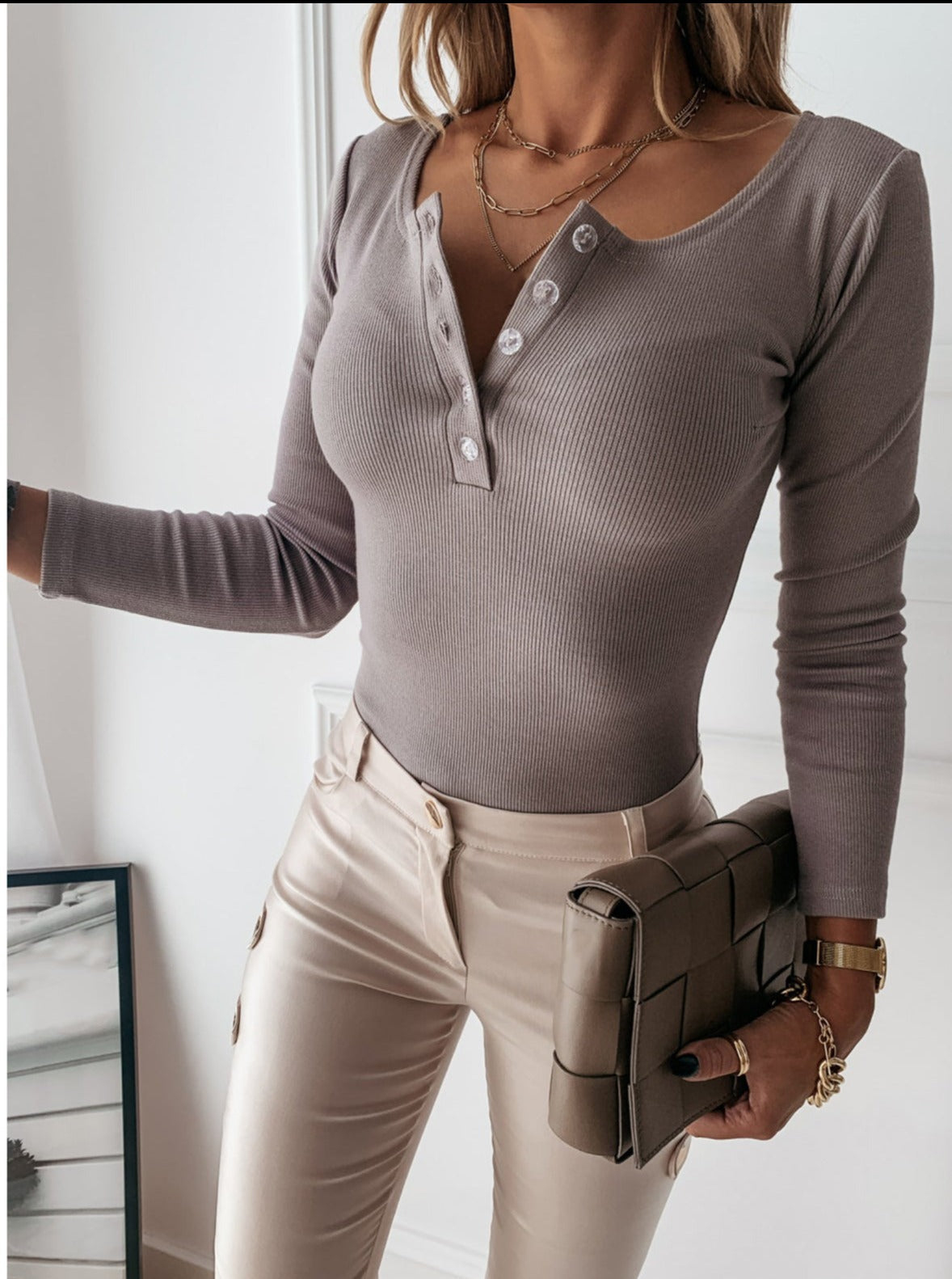 Women Long Sleeve Henley Top | Button Neck