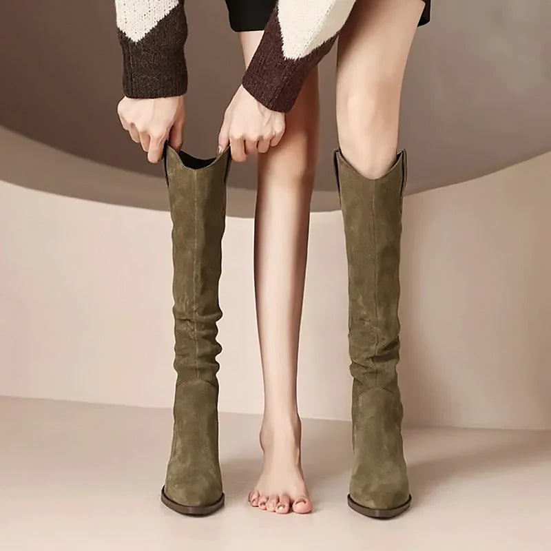 Ladies Knee High Boots | Slim Block Heel