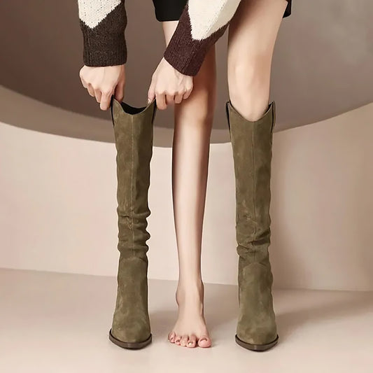 Ladies Knee High Boots | Slim Block Heel