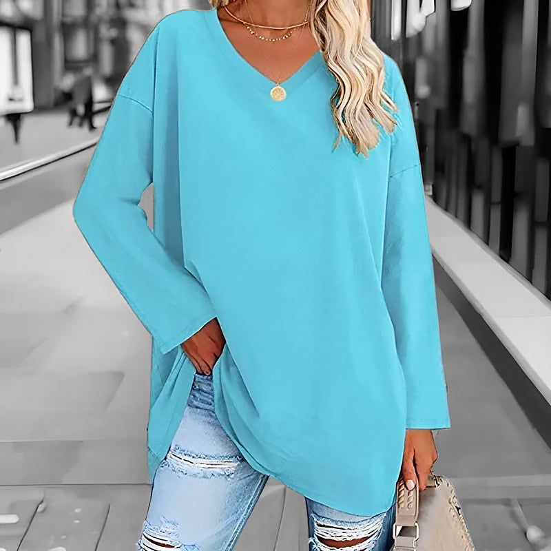 Ladies Long V-Neck Long Sleeve Shirt | Straight Cut