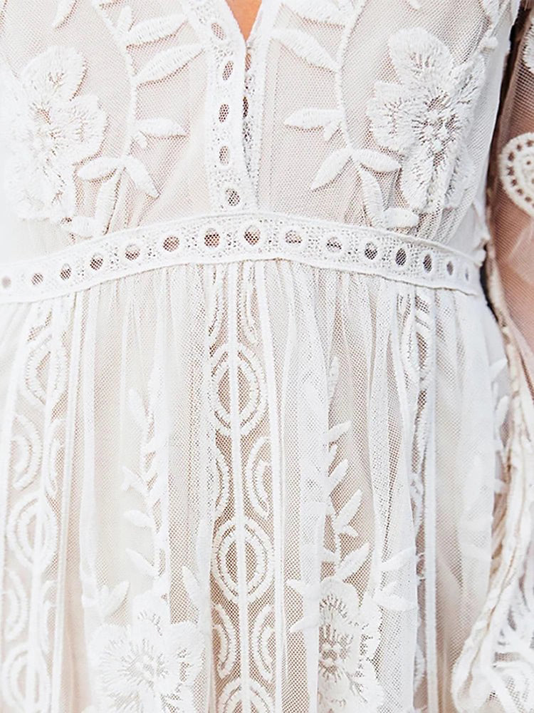 Ladies Embroidered Maxi Dress | Sheer Sleeves