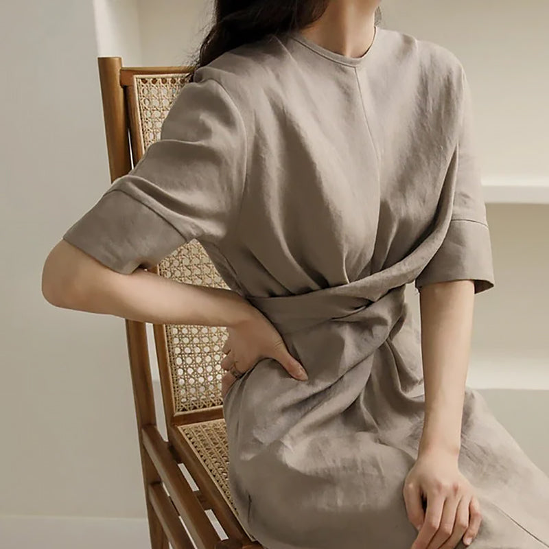 Ladies Short Sleeve Waist Dress | Back Pleat Belted