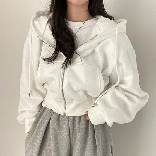 Hoodie | Women Cropped Hoodie | White Zip Up