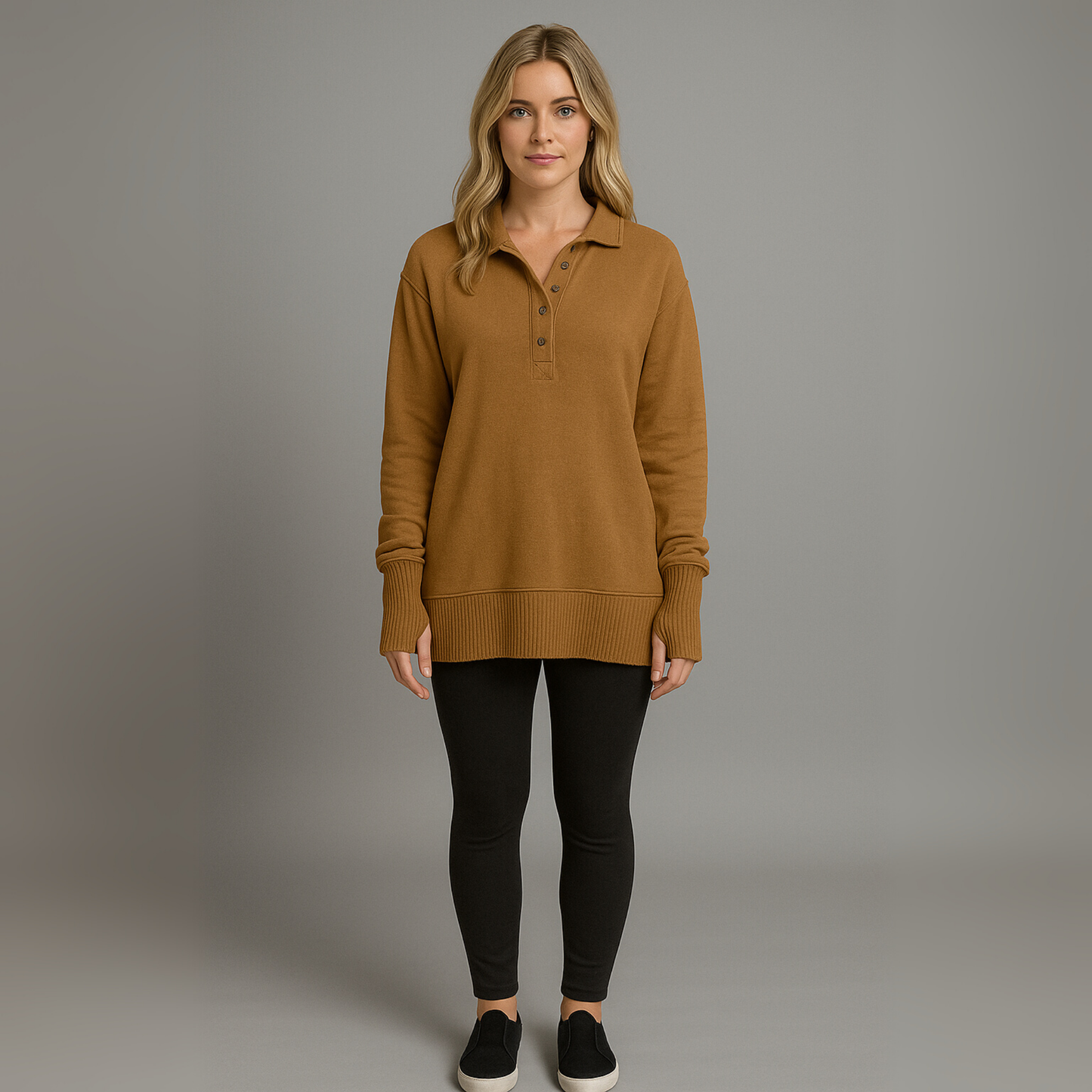 Women Button Neck Hoodie | Long Sleeve
