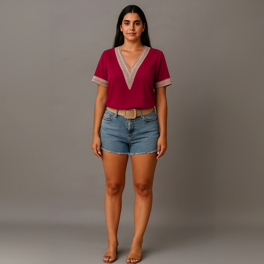 Women V Neck Lace Blouse | Short Sleeve Casual
